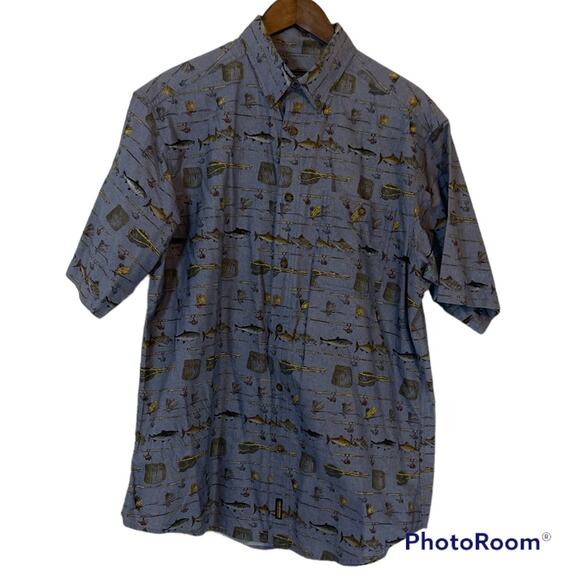 VTG Woolrich Blue Fish and Fishing Gear Button Up Shirt Men’s Size Large - Picture 1 of 4